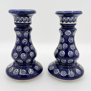 Vintage Pair Polish Pottery Boleslawiec Candlesticks Blue Swirl Handmade Poland